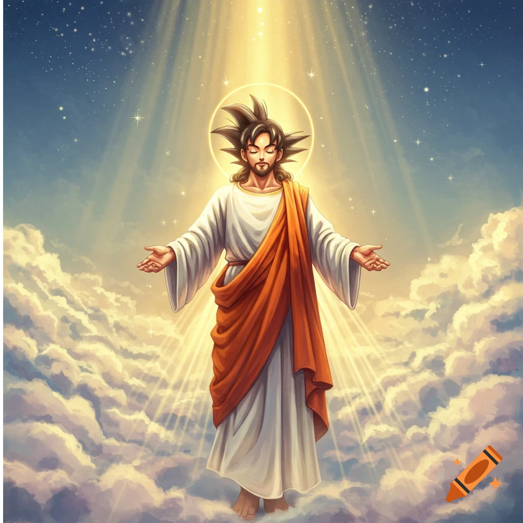 Goku dressed as Jesus, with a halo and divine light, stands with outstretched arms on clouds in a celestial sky.