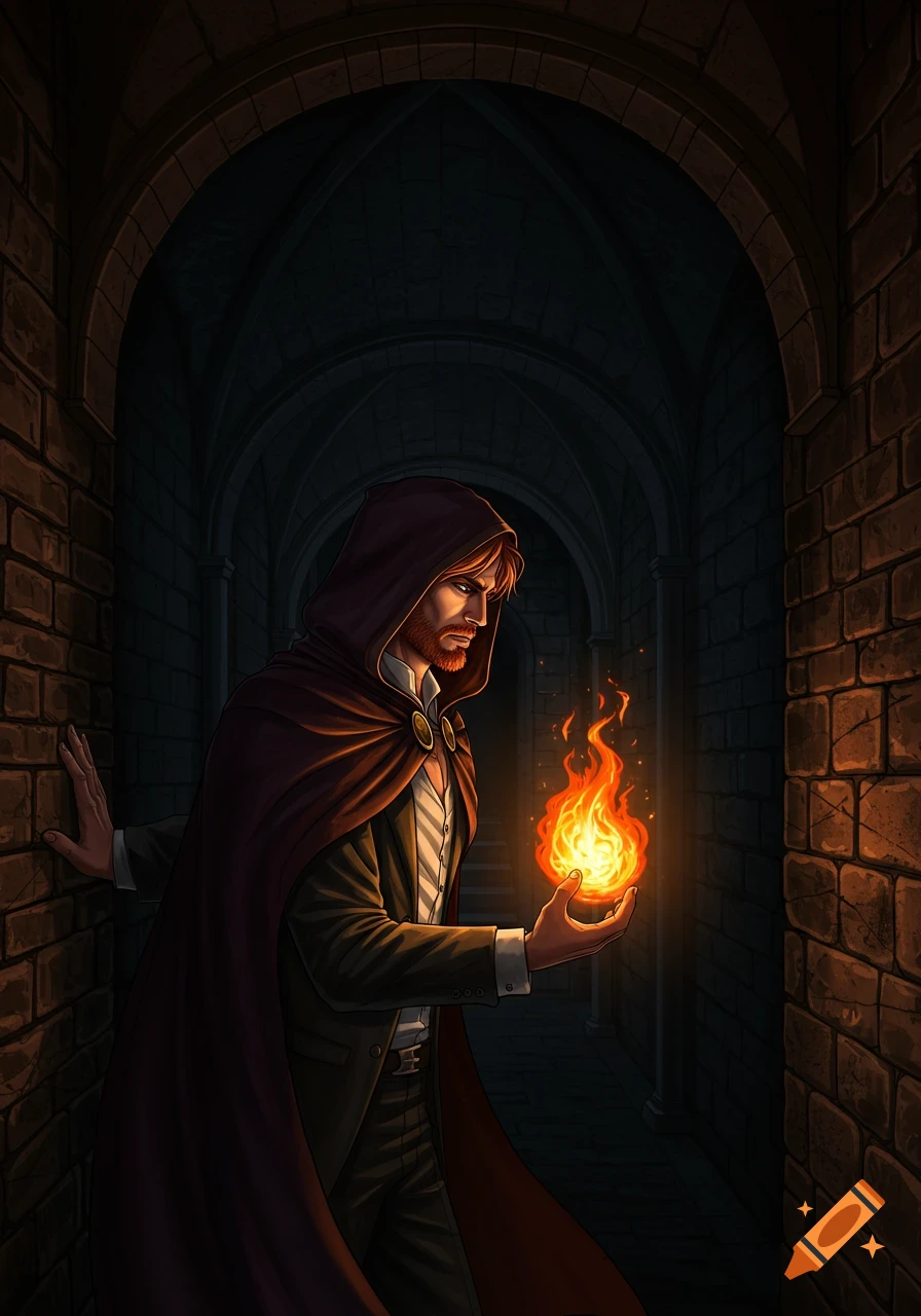 A hooded man in a red cloak conjures a fireball, illuminating a dark, arched dungeon hallway as he leans on a brick wall, in anime style.