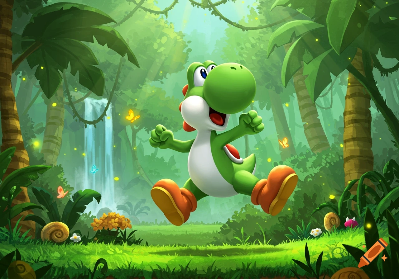 A green Yoshi with an orange shell and shoes jumps happily in a vibrant, lush jungle with a waterfall and glowing butterflies.