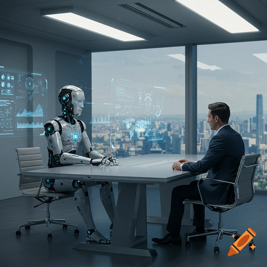 A humanoid robot interviews a man in a suit at a conference table in a modern office overlooking a city.