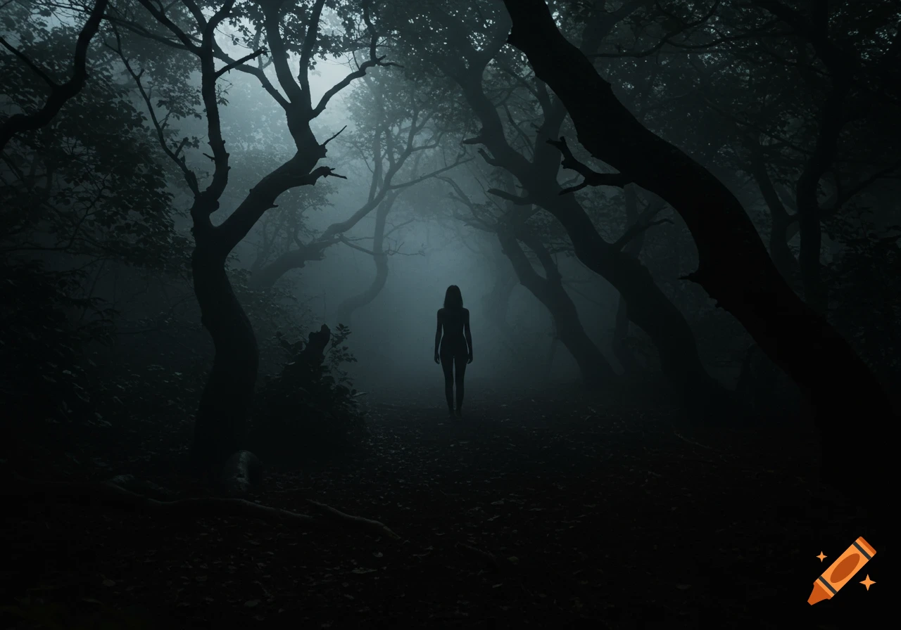 A black silhouette of a woman in a dense, dark, foggy forest with twisted trees, evoking a foreboding and surreal mood.