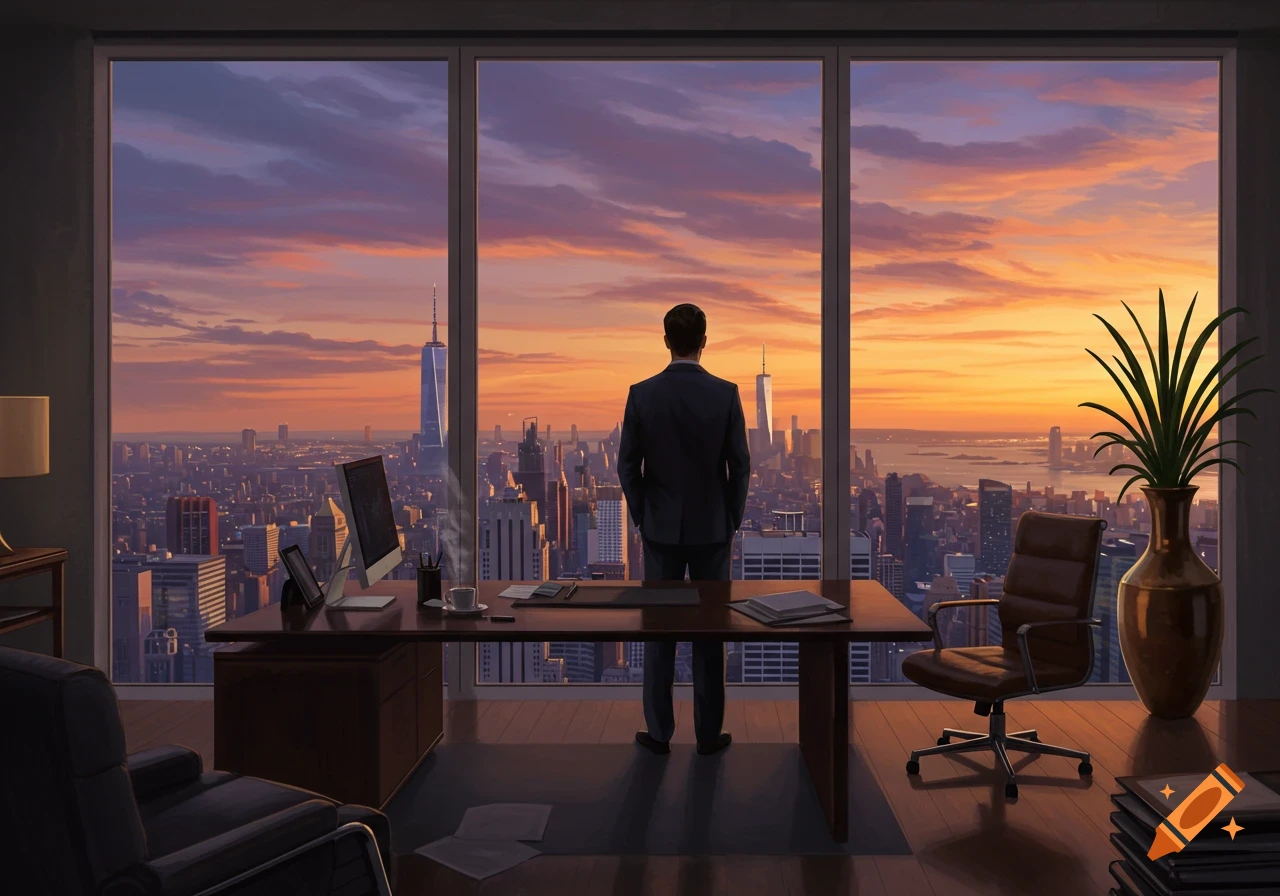 A man in a suit stands with his back to the viewer, looking out of a modern office window at a New York City sunset with orange and purple skies.