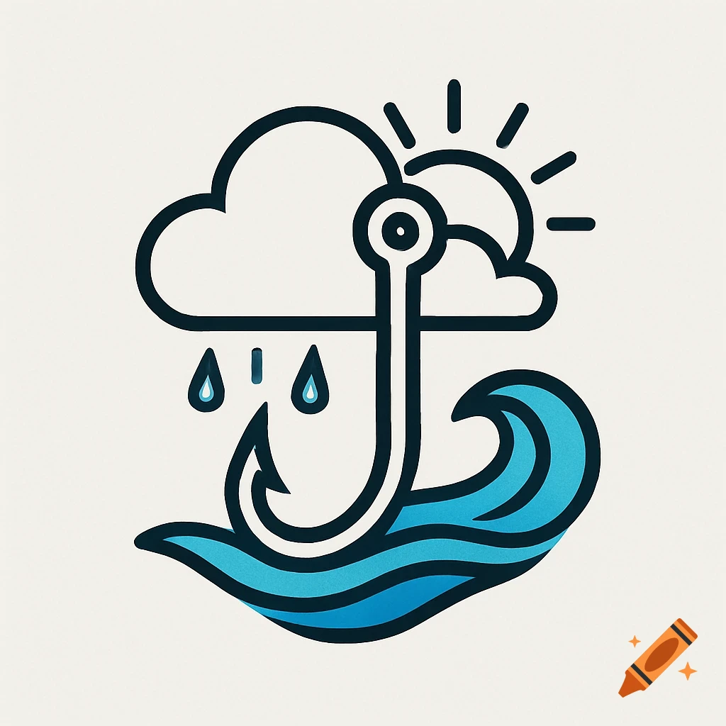 A stylized logo depicting a cloud with rain, a sun, a fishing hook, and waves in a clean line-art style.