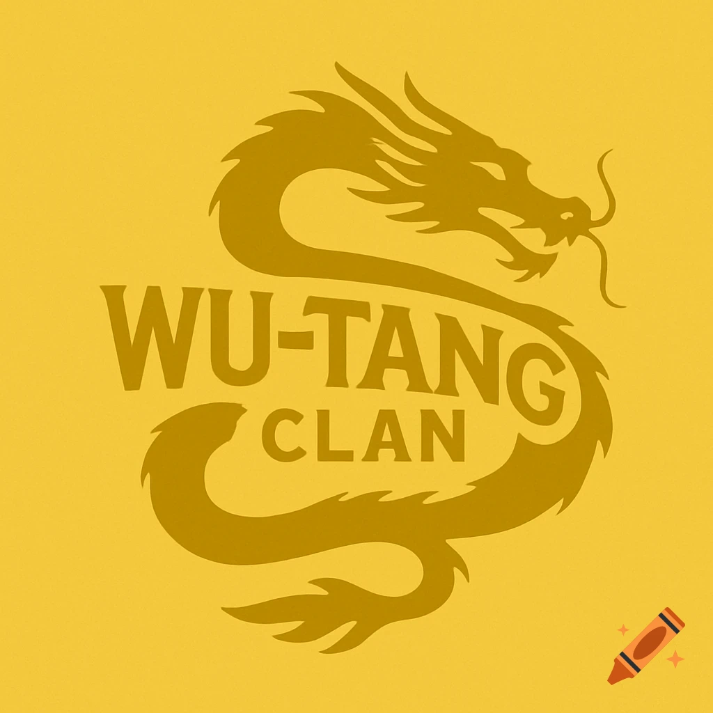 Monochrome gold Wu-Tang Clan logo featuring a minimalist dragon design on a yellow background.