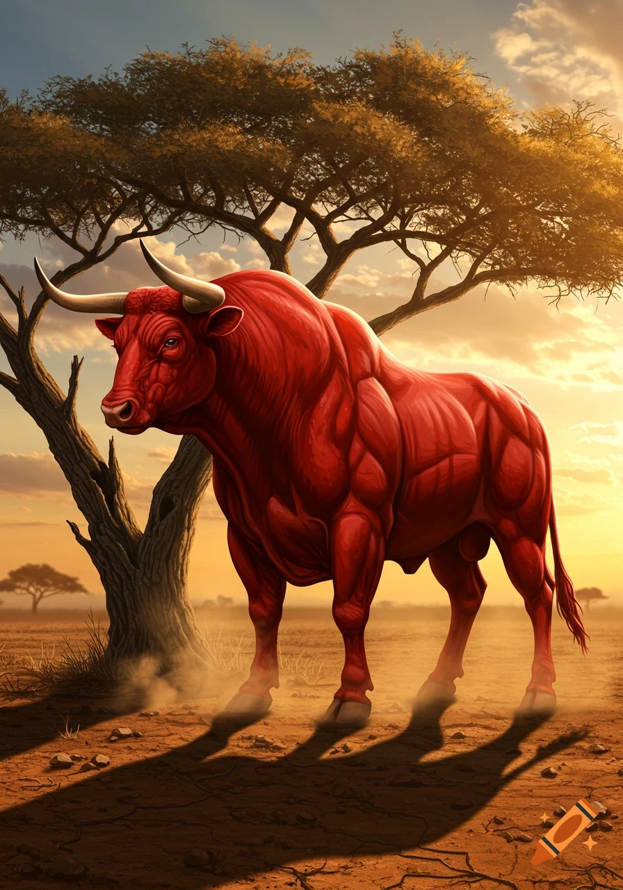 A majestic, heavily muscled red bull stands in a golden savanna at sunset, framed by a sparse tree.