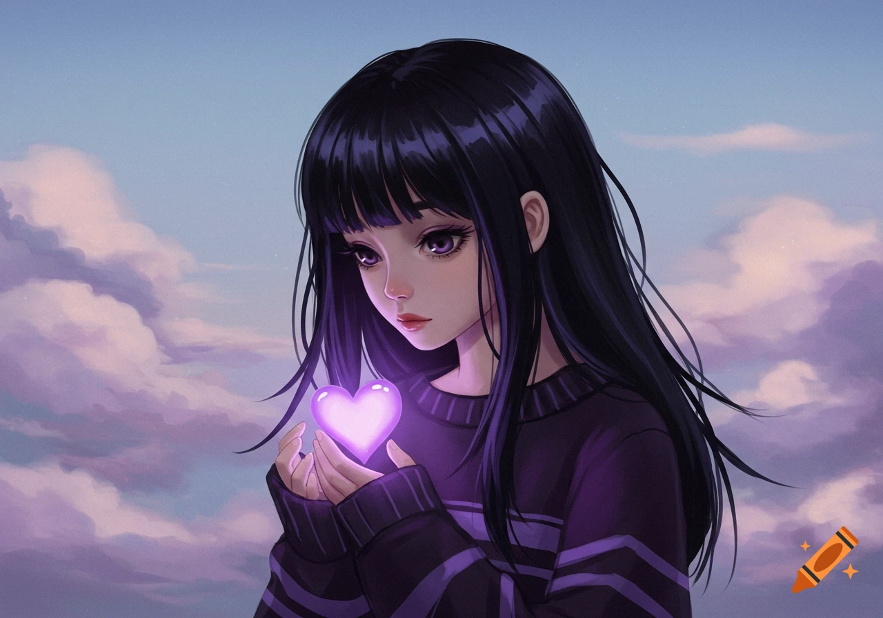 An anime girl with black hair and bangs, wearing a dark purple sweater, holds a glowing purple heart against a cloudy sky.