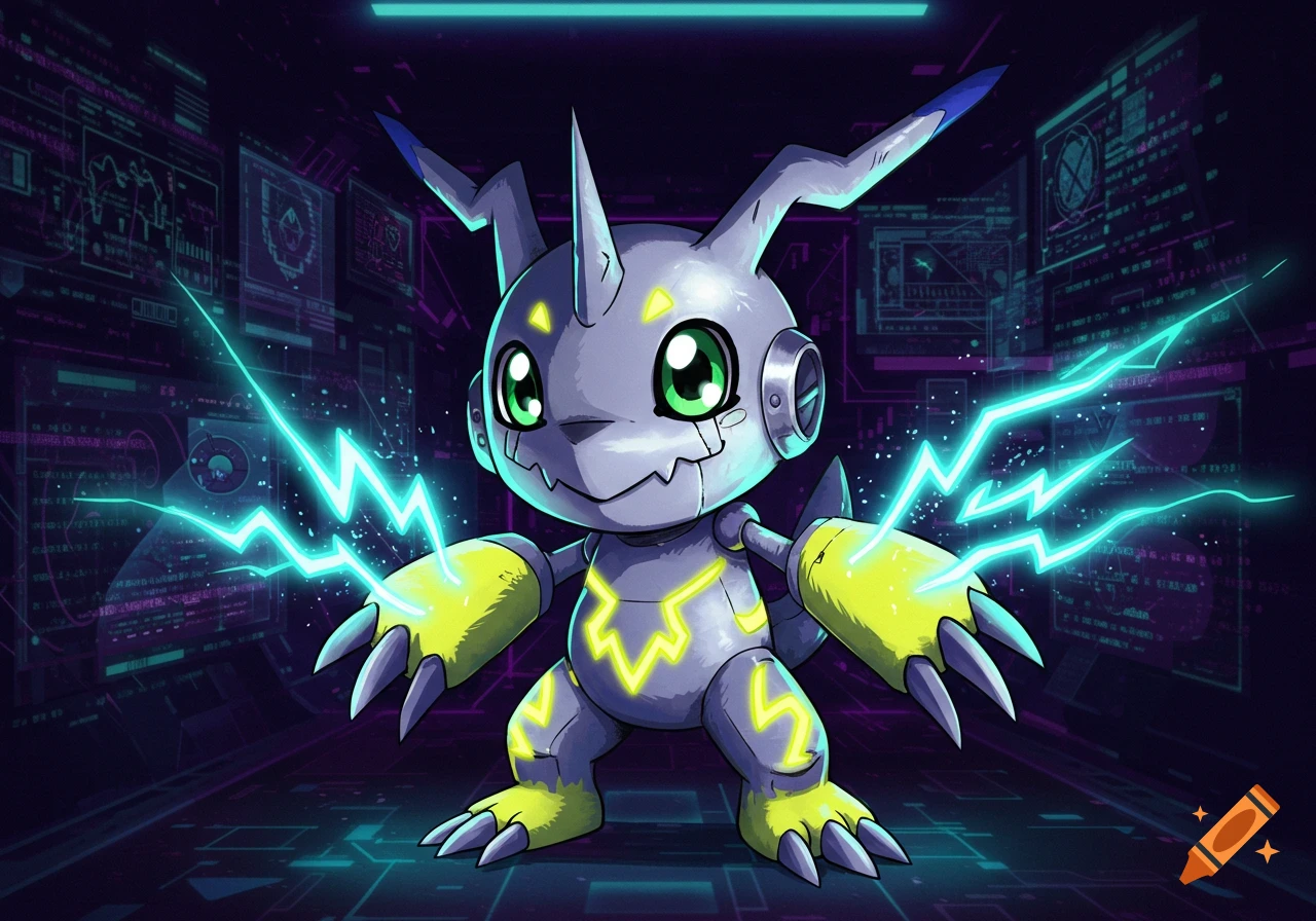 A grey robotic Digimon with green eyes, yellow markings, and blue lightning around its hands, in a dark sci-fi background.