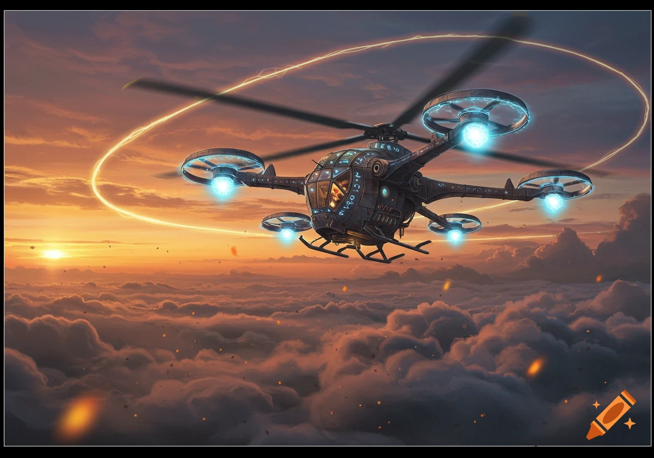 An ornate fantasy sci-fi helicopter with glowing blue elements and a golden energy ring flies above clouds at a vibrant sunset.