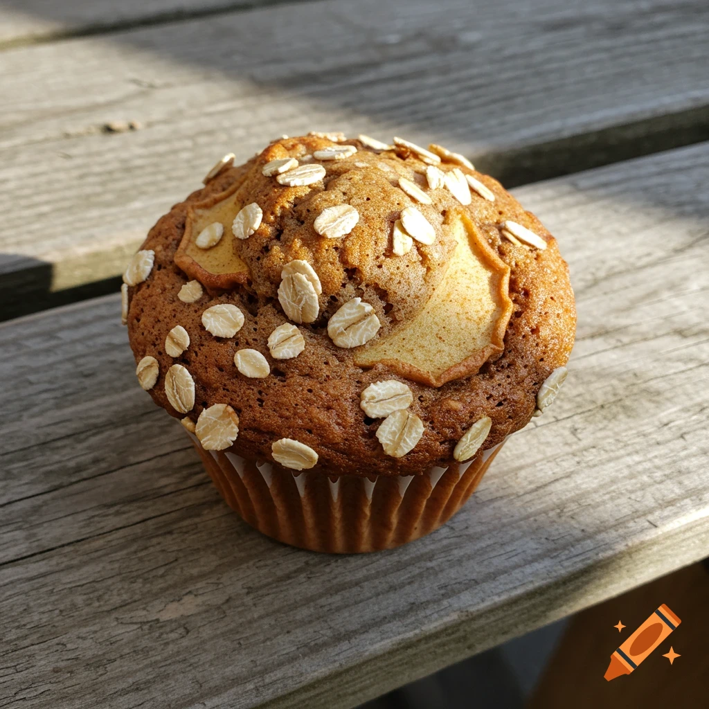 Close-up of a spiced apple and oat muffin topped with oats, sitting on a weathered wooden bench.