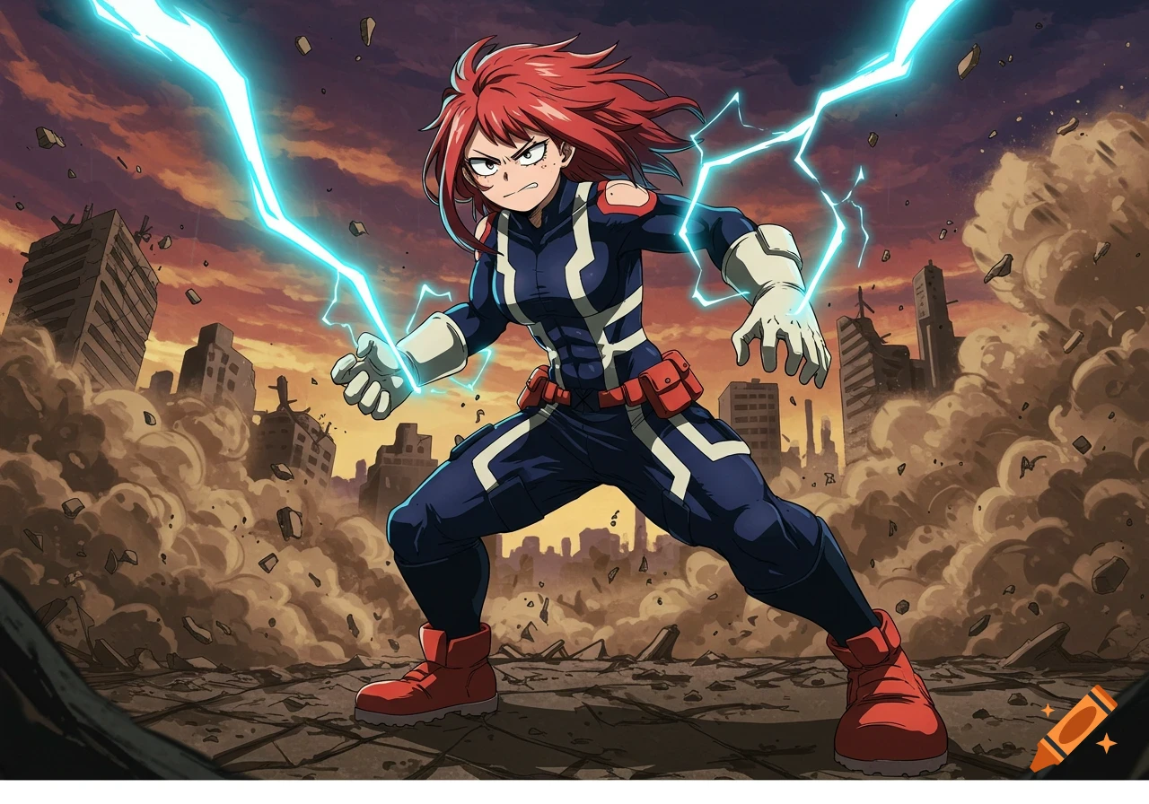 A muscular anime girl with red hair, wearing a dark blue and white superhero suit, generates blue lightning in a destroyed city at sunset.