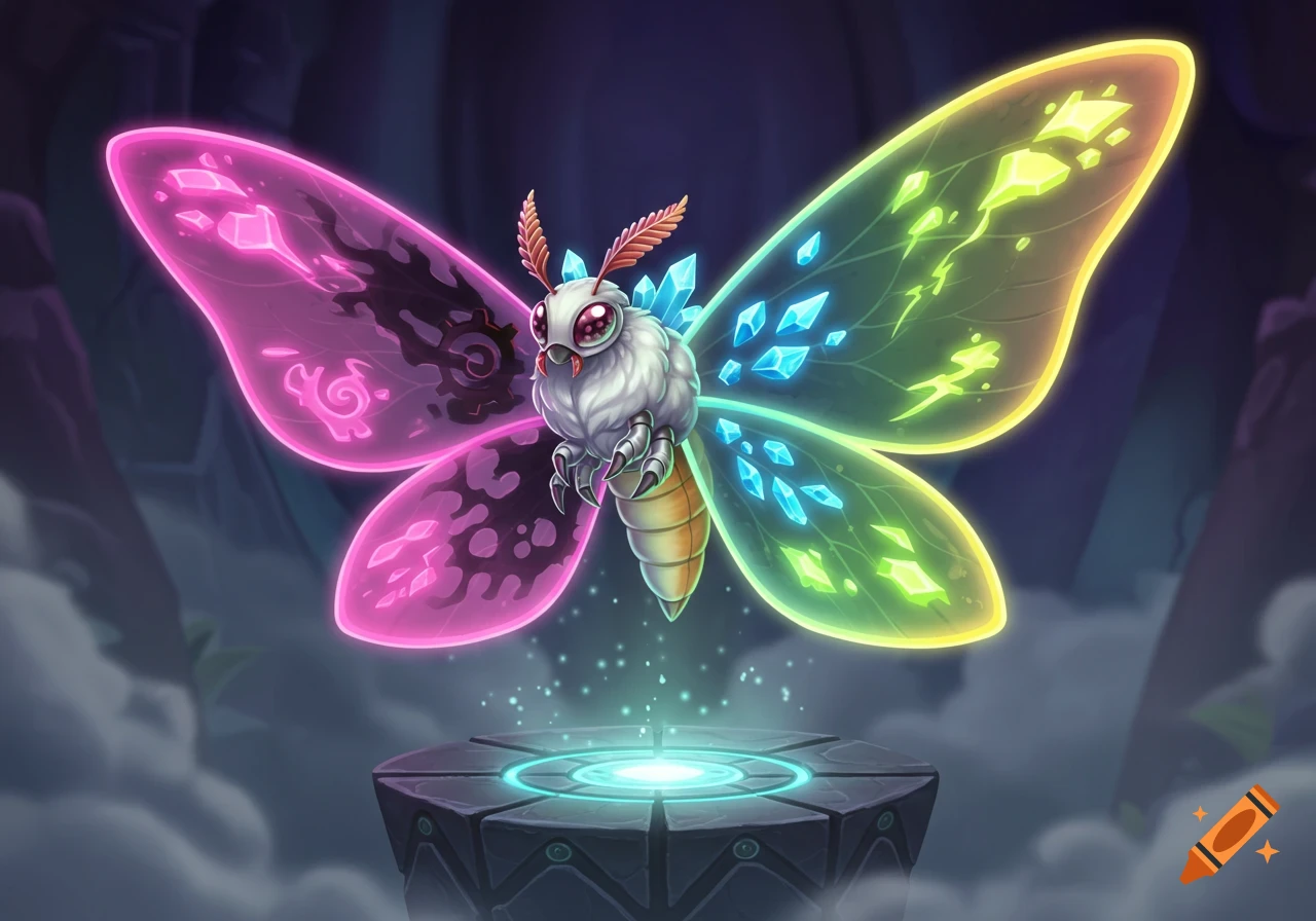 A vibrant, cartoonish ethereal moth-like creature with glowing pink and green crystal wings floats above a stone platform.