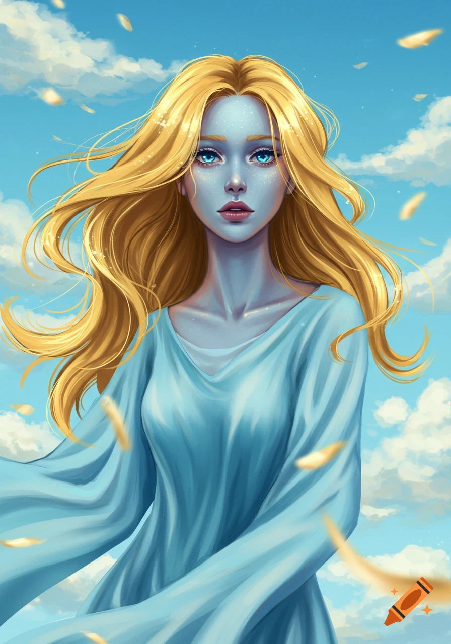 Illustration of a blue-skinned woman with blonde hair, blue eyes, and a flowing blue dress against a cloudy sky with falling golden leaves.