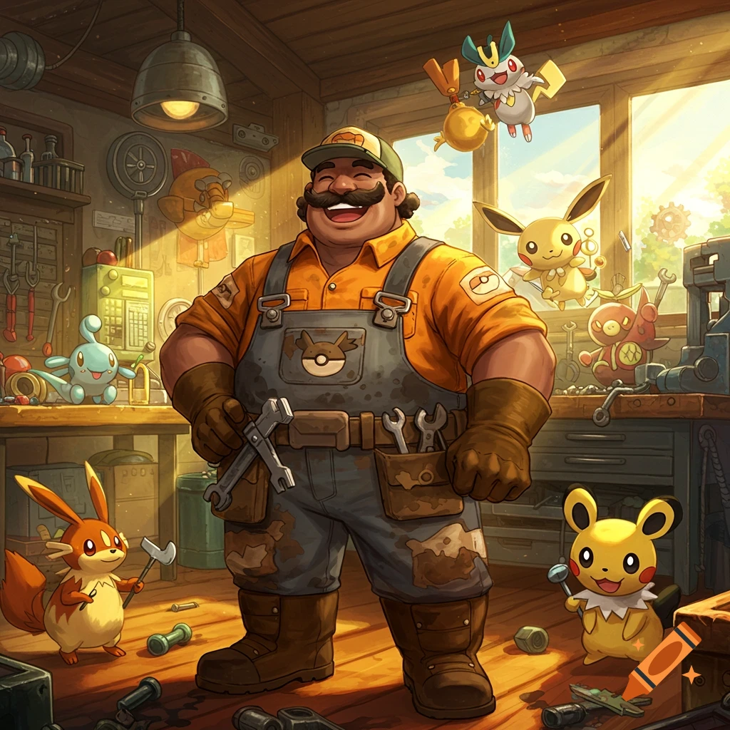 A jolly, dark-skinned mechanic with a mustache holds wrenches in a sunny workshop, surrounded by various Pokémon.
