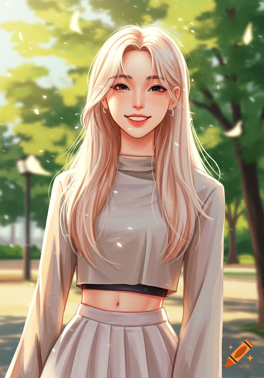 An anime-style young woman with long blonde hair, wearing a gray crop top and pleated skirt, smiles at the viewer in a park setting.