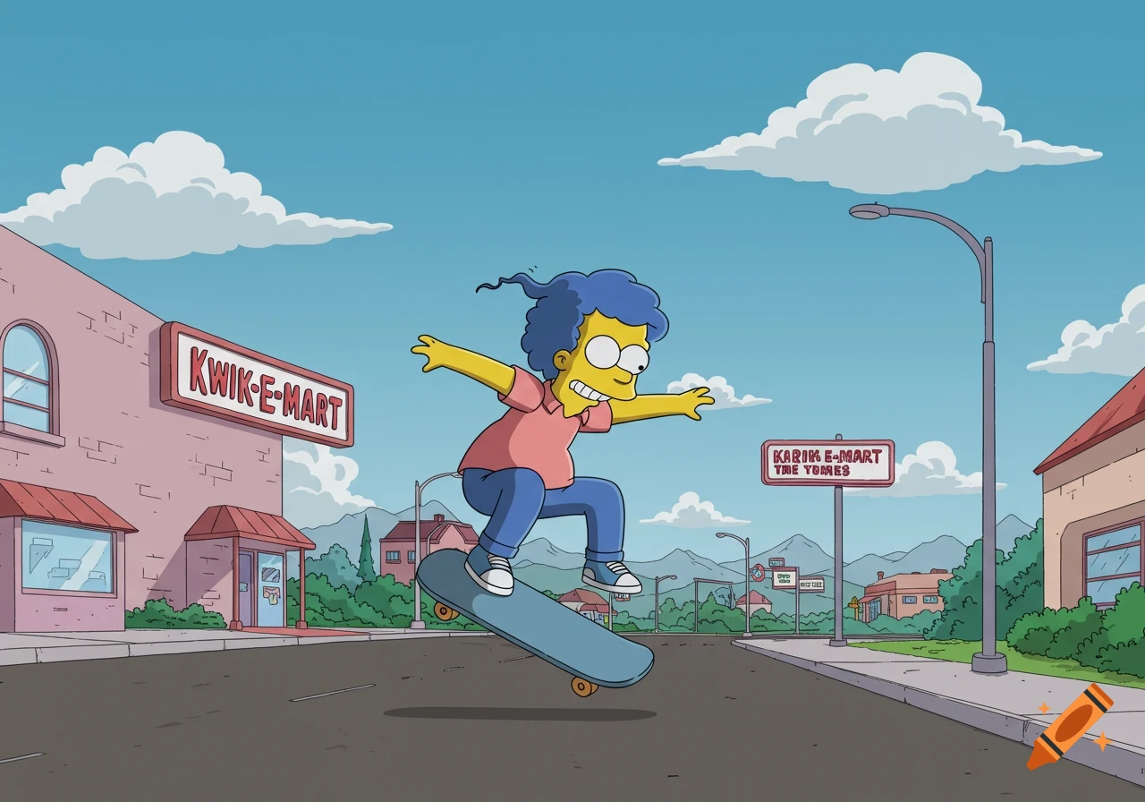 A Simpsons-style character with blue curly hair, a pink shirt, and blue pants, skateboards on a street in front of a Kwik-E-Mart.