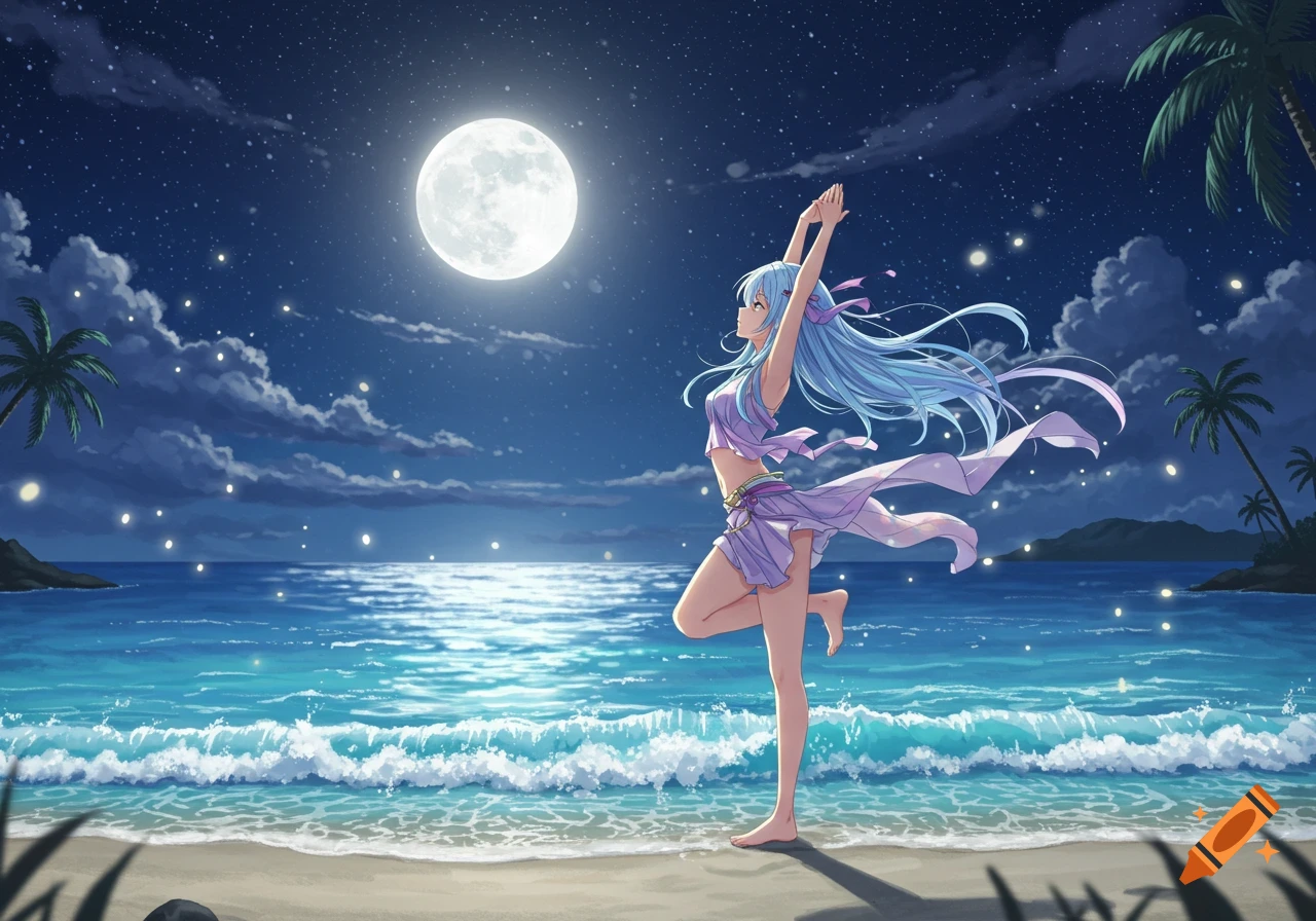 Anime girl with blue hair in a purple outfit stretching on a moonlit beach at night with palm trees.