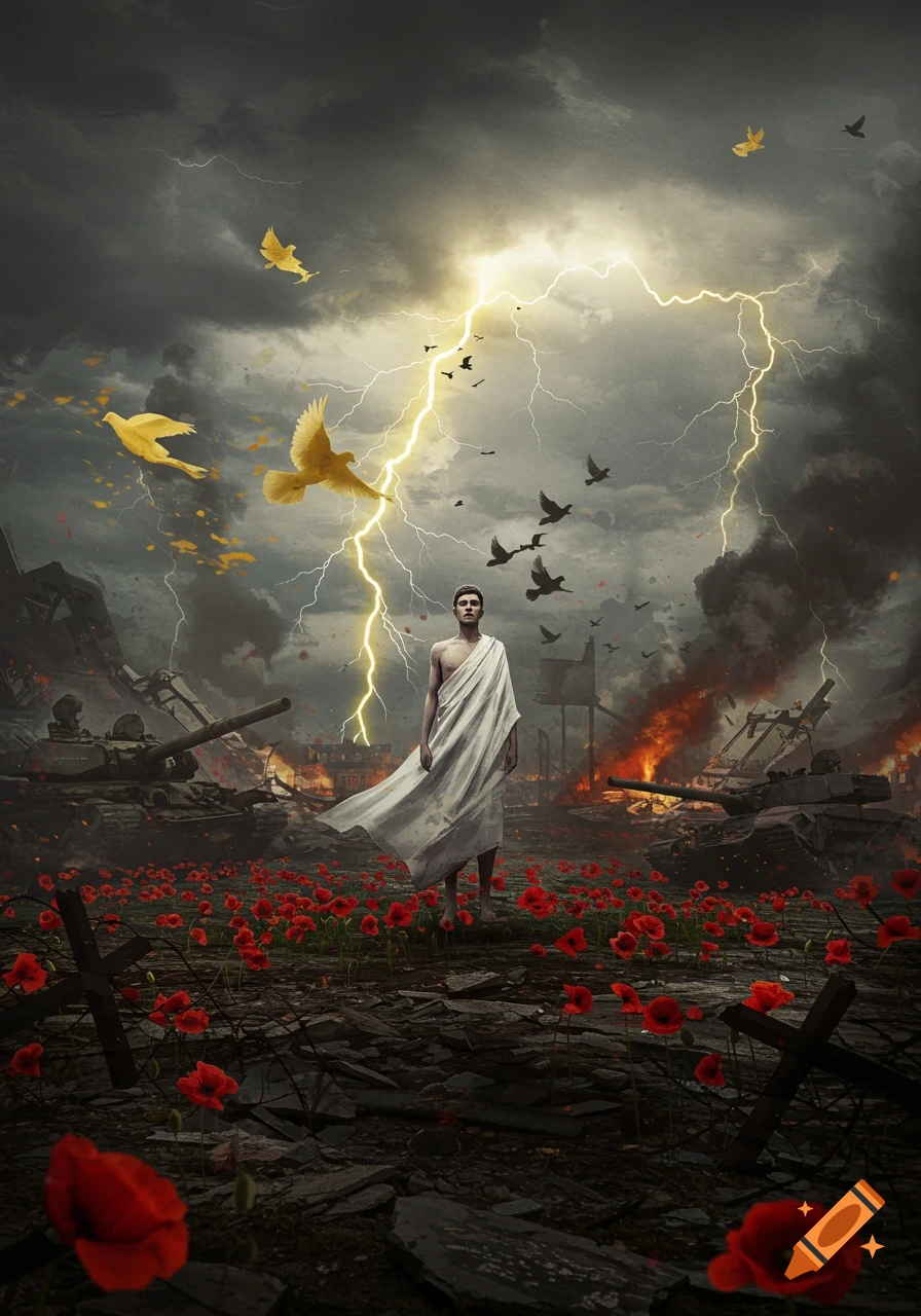 A man in a white toga stands in a field of red poppies and rubble with burning tanks, under a stormy sky with lightning and flying doves.
