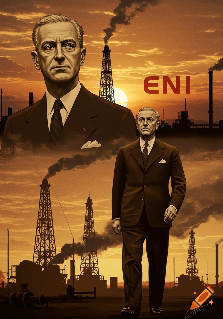 Illustration of Enrico Mattei in a suit, with industrial oil derricks and factories silhouetted at sunset, and the text ENI.