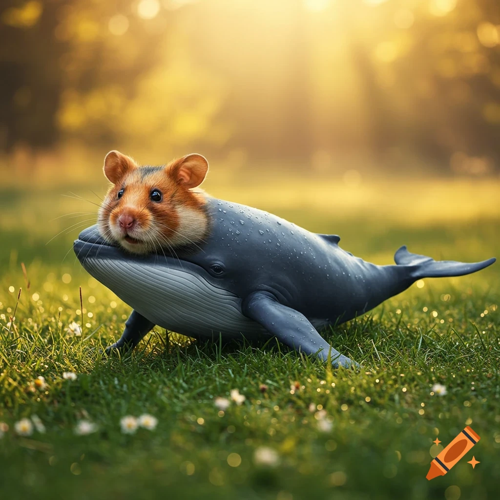 A photorealistic hamster head on a whale's body, resting in sunny green grass.