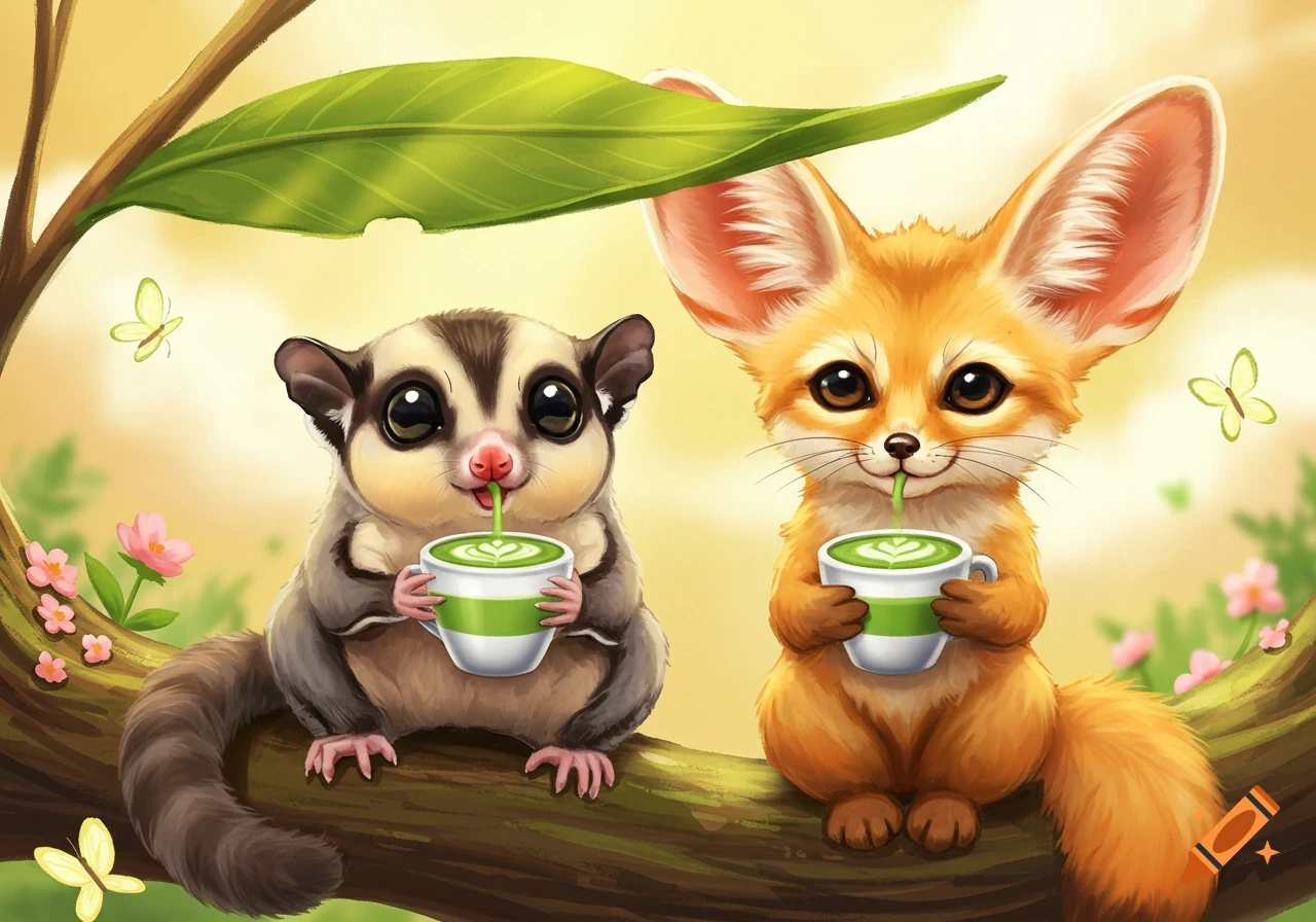 A cute illustration of a sugar glider and a fennec fox on a branch, happily drinking green matcha lattes with straws.