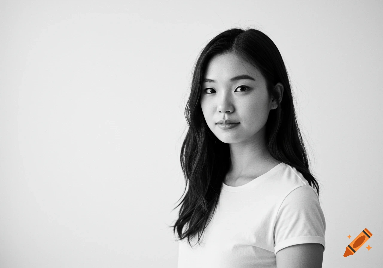Black and white studio portrait of a young Korean-American woman looking directly at the camera.