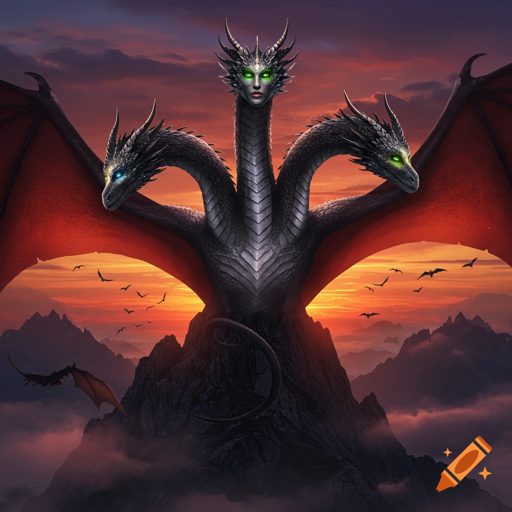 A three-headed dragon with a female face on its central head, red wings, perched on a rocky mountain at sunset with smaller dragons flying.