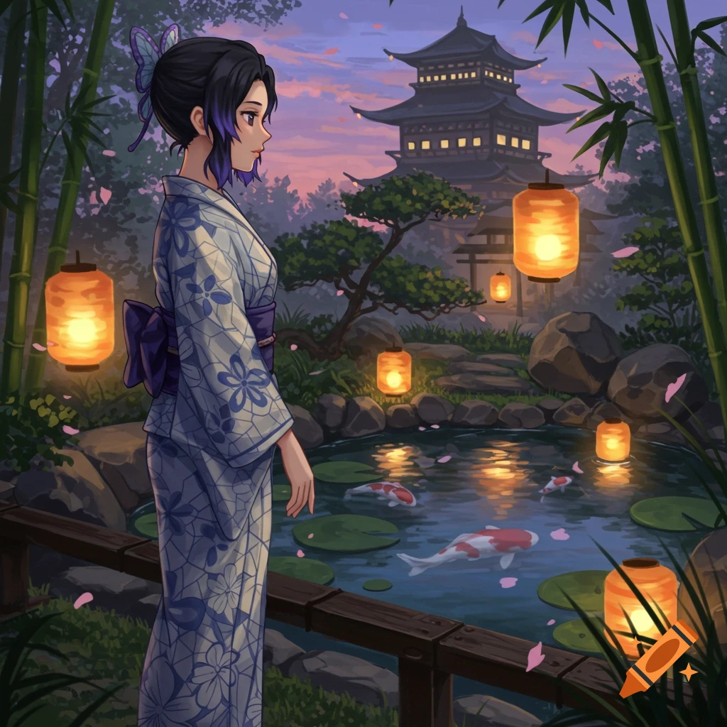 Anime girl in a yukata looking at a pond with koi fish in a Japanese garden lit by lanterns at sunset.