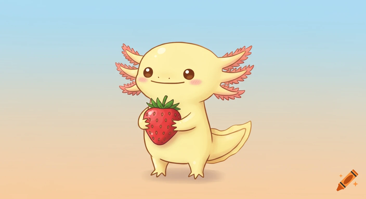 A cute yellow cartoon axolotl holding a red strawberry against a simple blue and orange gradient background.