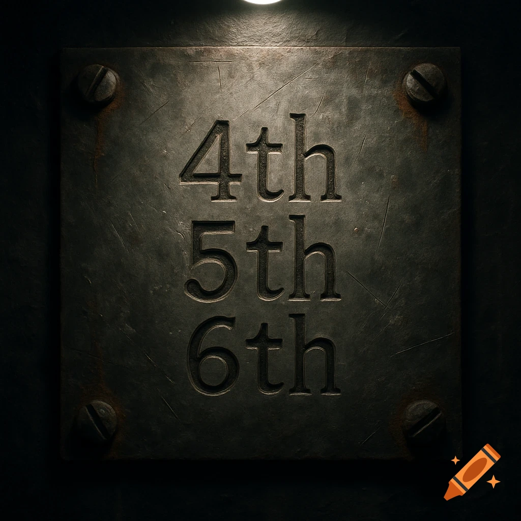A distressed, dark metal plate with numbers 4th, 5th, 6th etched, lit by an overhead bulb.