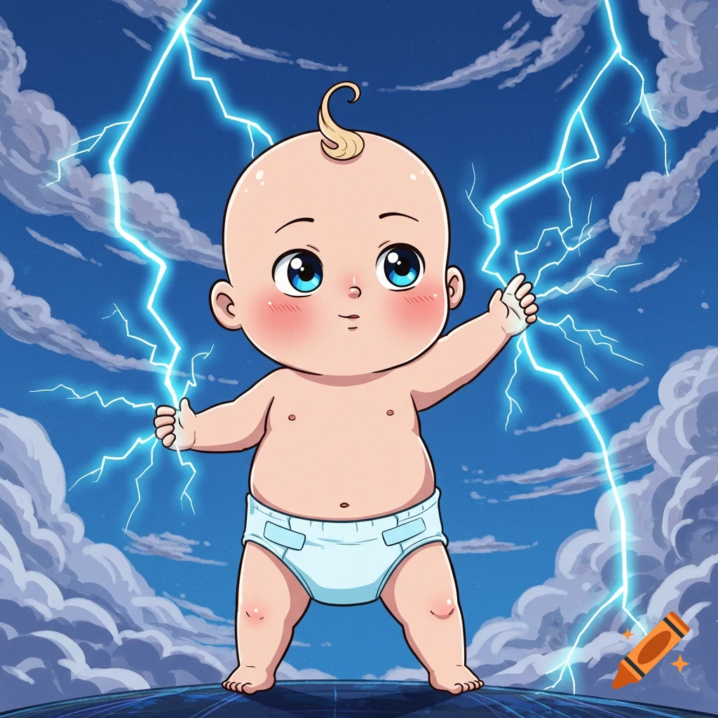 An anime-style baby superhero wearing a diaper holds two bolts of lightning against a dramatic, cloudy blue sky.