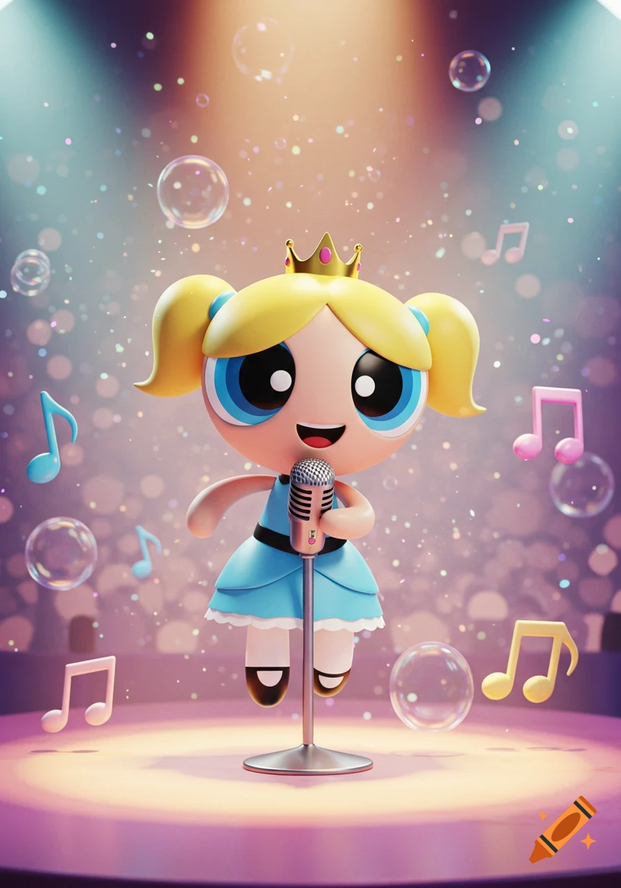 3D rendering of Bubbles from Powerpuff Girls, wearing a crown and blue dress, singing into a microphone on a sparkly stage.