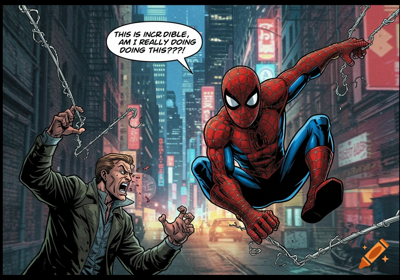 Spider-Man swings over a distressed man in a gritty comic book style city scene, with a speech bubble saying "THIS IS INCREDIBLE".