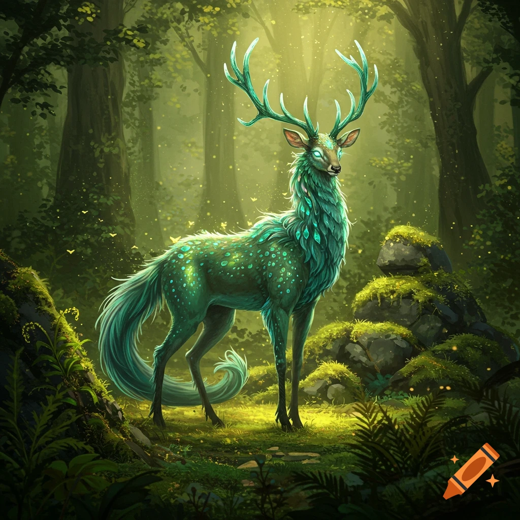 A majestic teal fantasy deer with glowing eyes and intricate antlers stands in a sunlit, mossy forest.