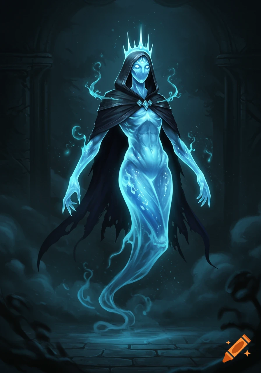 A spectral blue ghost-like figure with glowing eyes, wearing a dark hooded cloak and a crown, floats in a shadowy stone chamber.