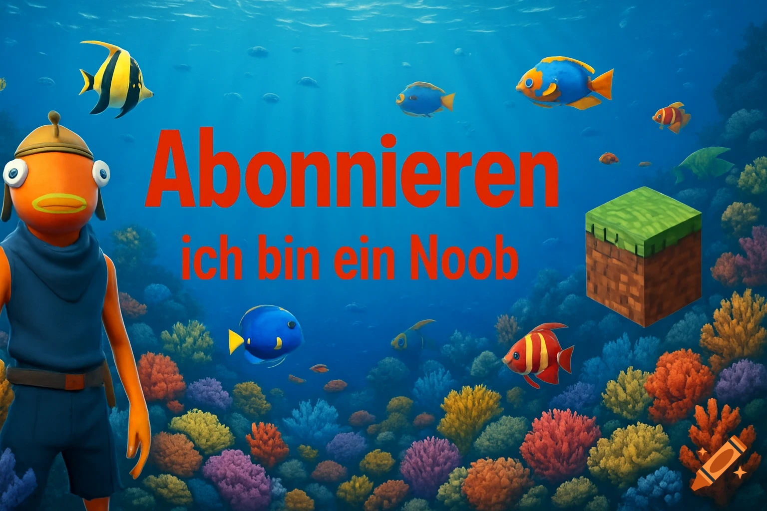 Fortnite's Fishstick and a Minecraft block in a vibrant underwater scene with fish and coral, displaying 'Abonnieren ich bin ein Noob'.