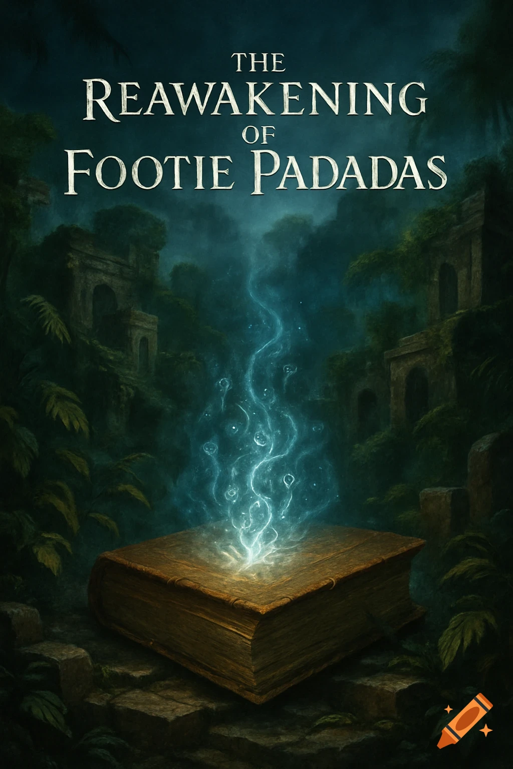 Dark fantasy movie poster with a glowing book in jungle ruins, titled 'The Reawakening of Footie Padadas'.