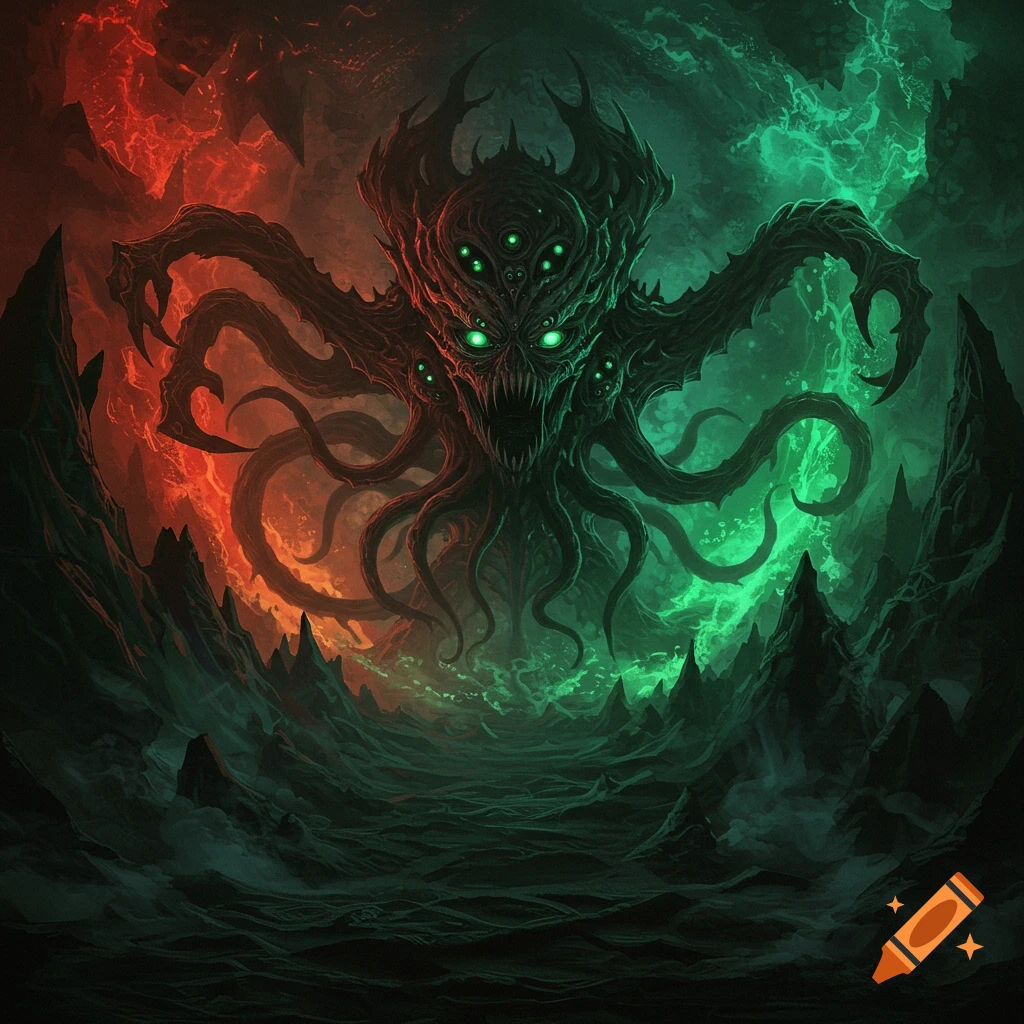 A dark, tentacled cosmic horror with glowing green eyes and sharp teeth emerges from a hellish landscape with red and green light.