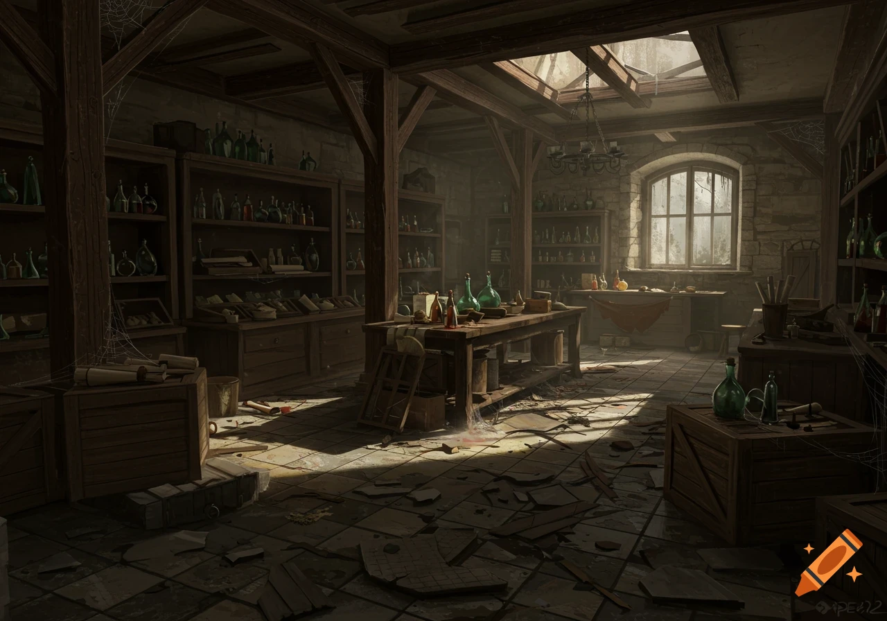 A dirty, dilapidated medieval fantasy shop or alchemist's lab with shelves of bottles, a central wooden table, and light from a window and skylight.