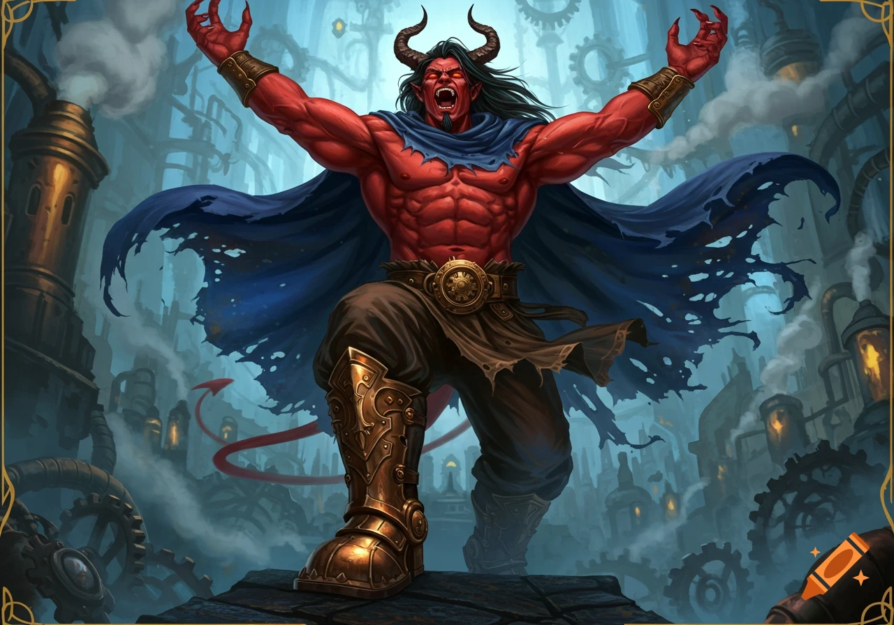 A muscular, red-skinned demon with horns, long black hair, and a tattered blue cape roars with raised arms, wearing a steampunk metal boot, set against an industrial background of pipes and gears.