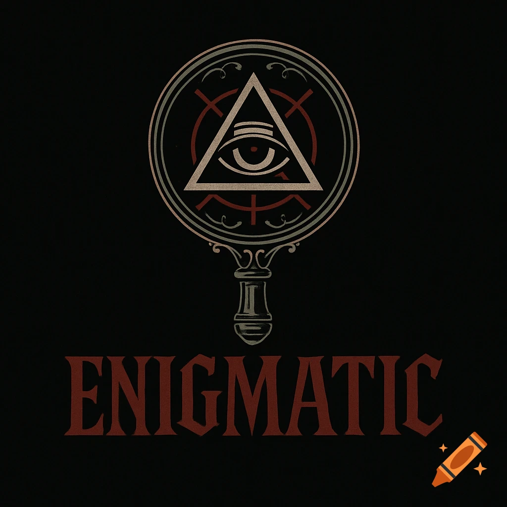 A dark vintage logo features an all-seeing eye within a pyramid inside a magnifying glass, with the word "ENIGMATIC" below.