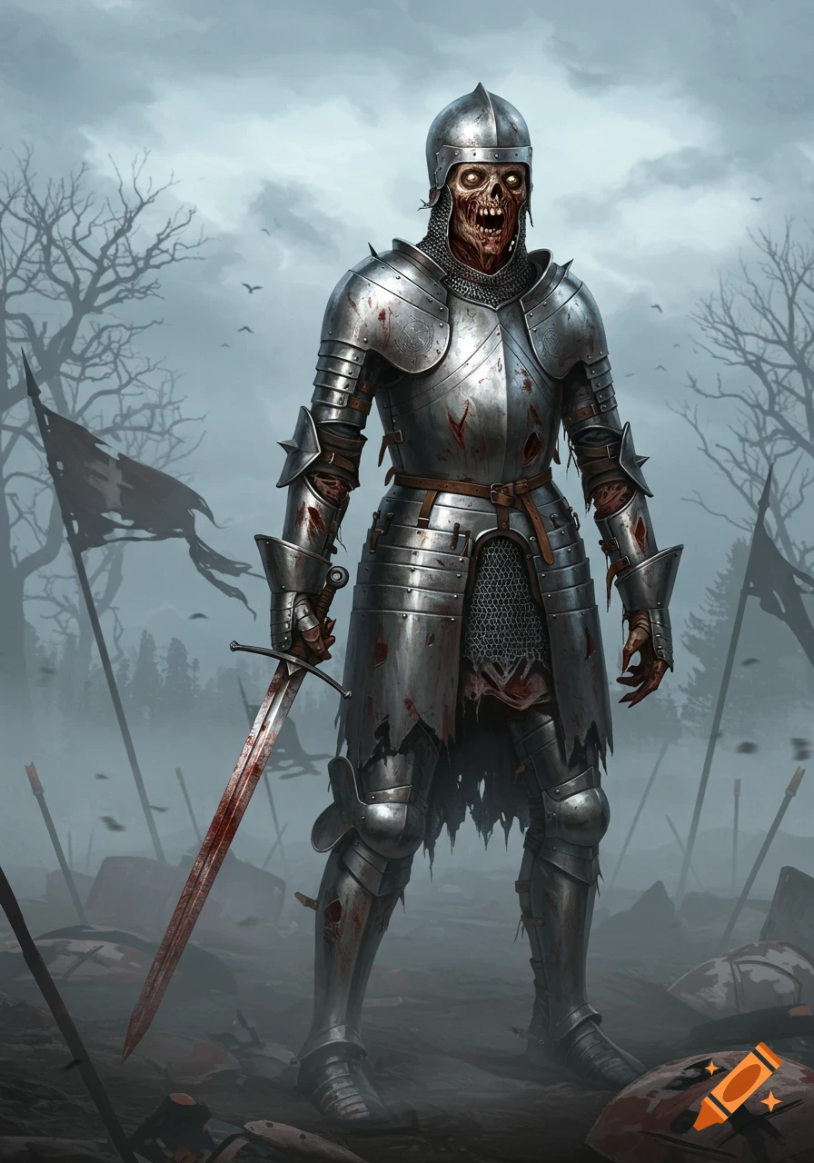 A zombie knight in blood-splattered medieval armor stands on a misty, war-torn battlefield, holding a bloody sword.