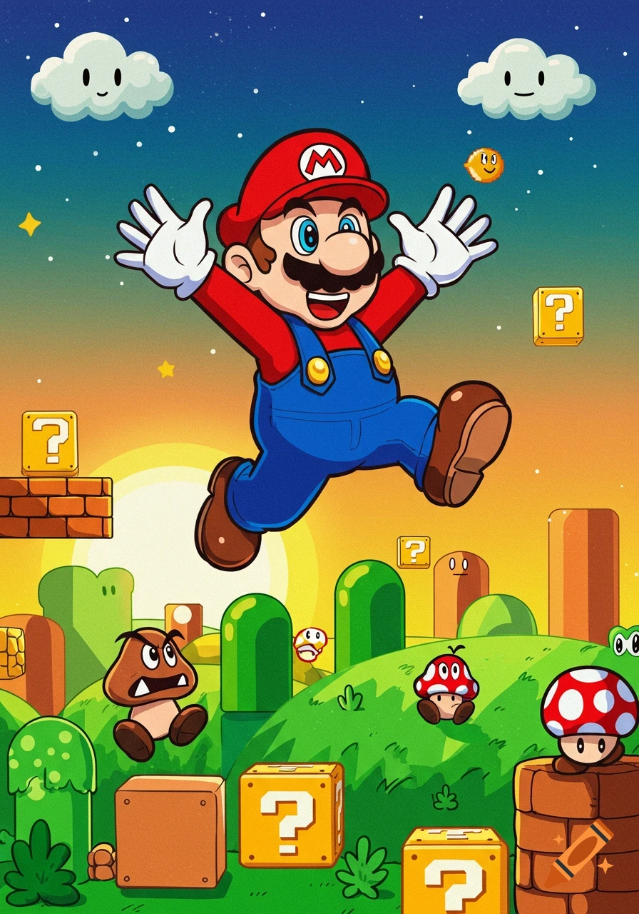Cartoon Mario jumping in a vibrant video game world with goombas, mushrooms, and question mark blocks.
