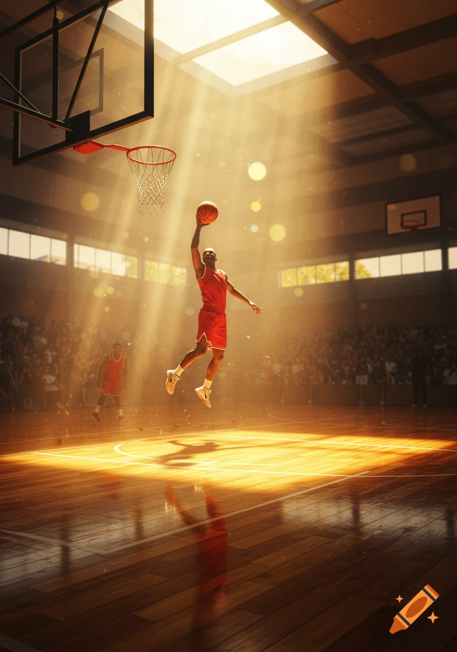 A male basketball player in a red uniform dunks a basketball in a brightly lit indoor court with spectators.