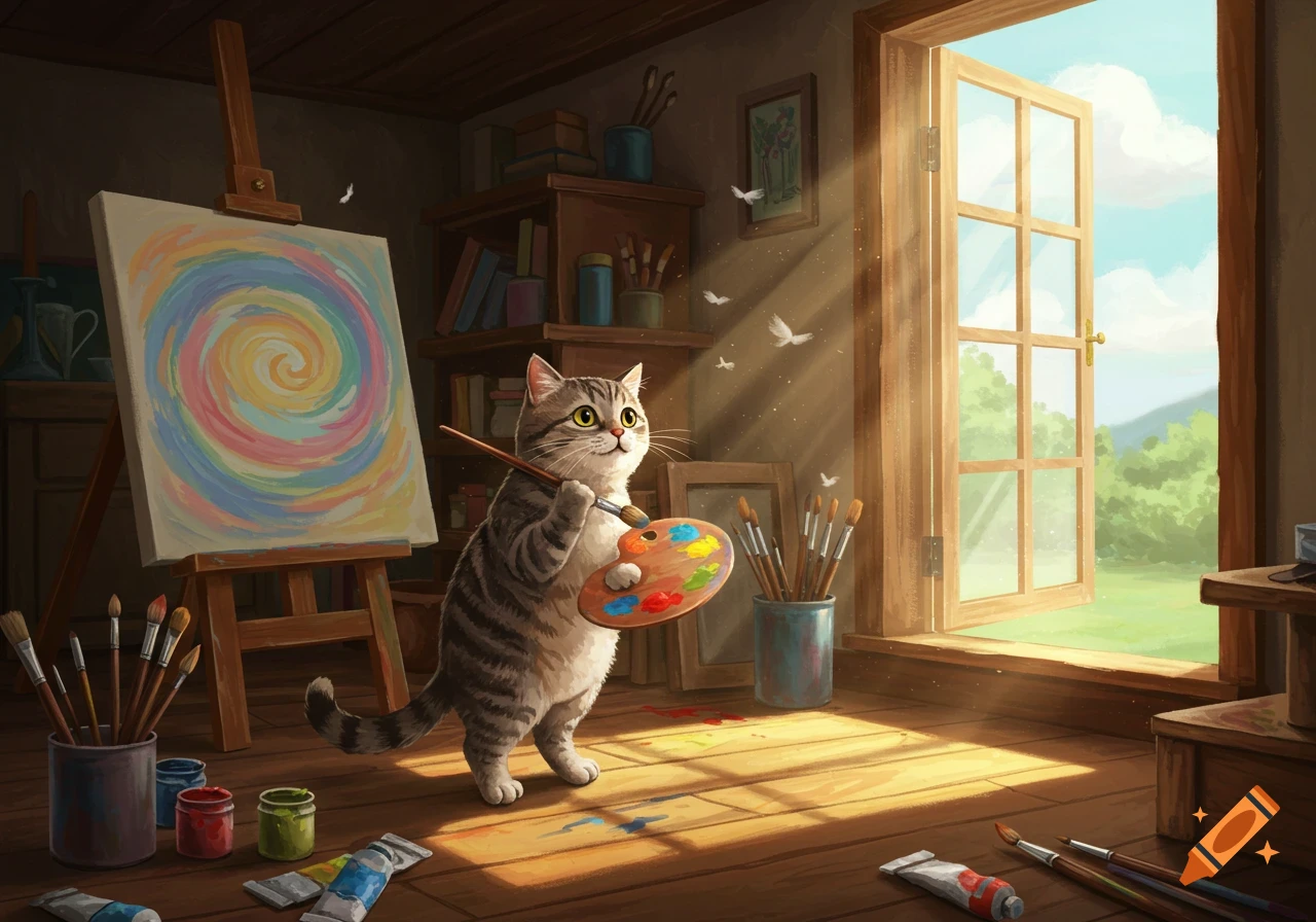A cute tabby cat artist with a paintbrush and palette stands before a colorful spiral canvas in a sunny studio.