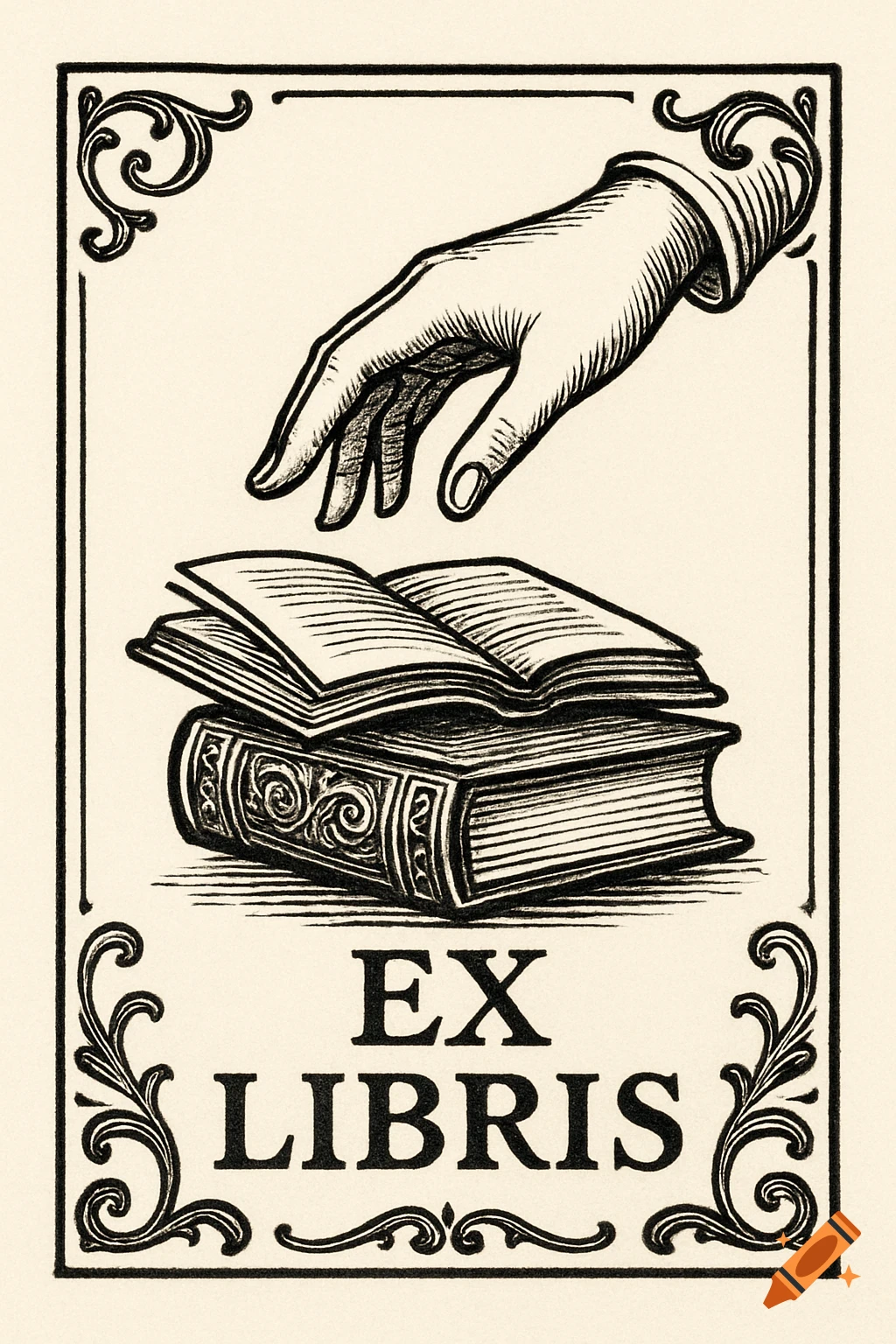 Black and white woodcut of a hand reaching for books with 'EX LIBRIS' text in a decorative frame.