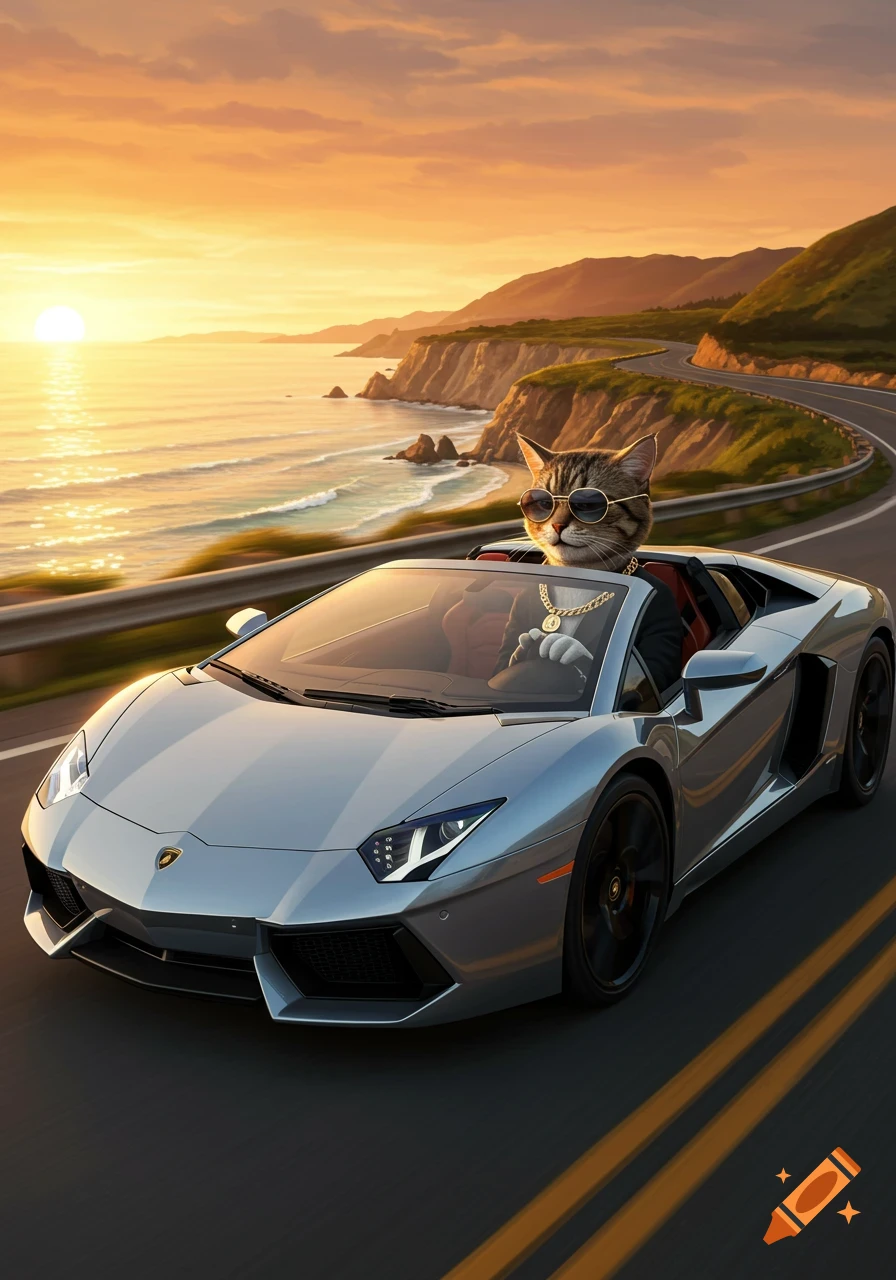A cool cat in sunglasses and a gold chain drives a silver Lamborghini convertible on a coastal road at sunset.