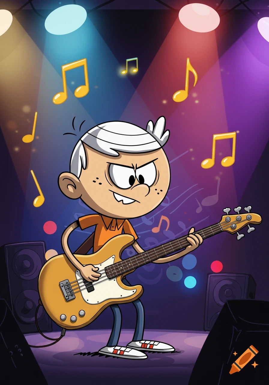 Cartoon character Lincoln Loud intensely playing a bass guitar on a stage with colorful spotlights and musical notes.