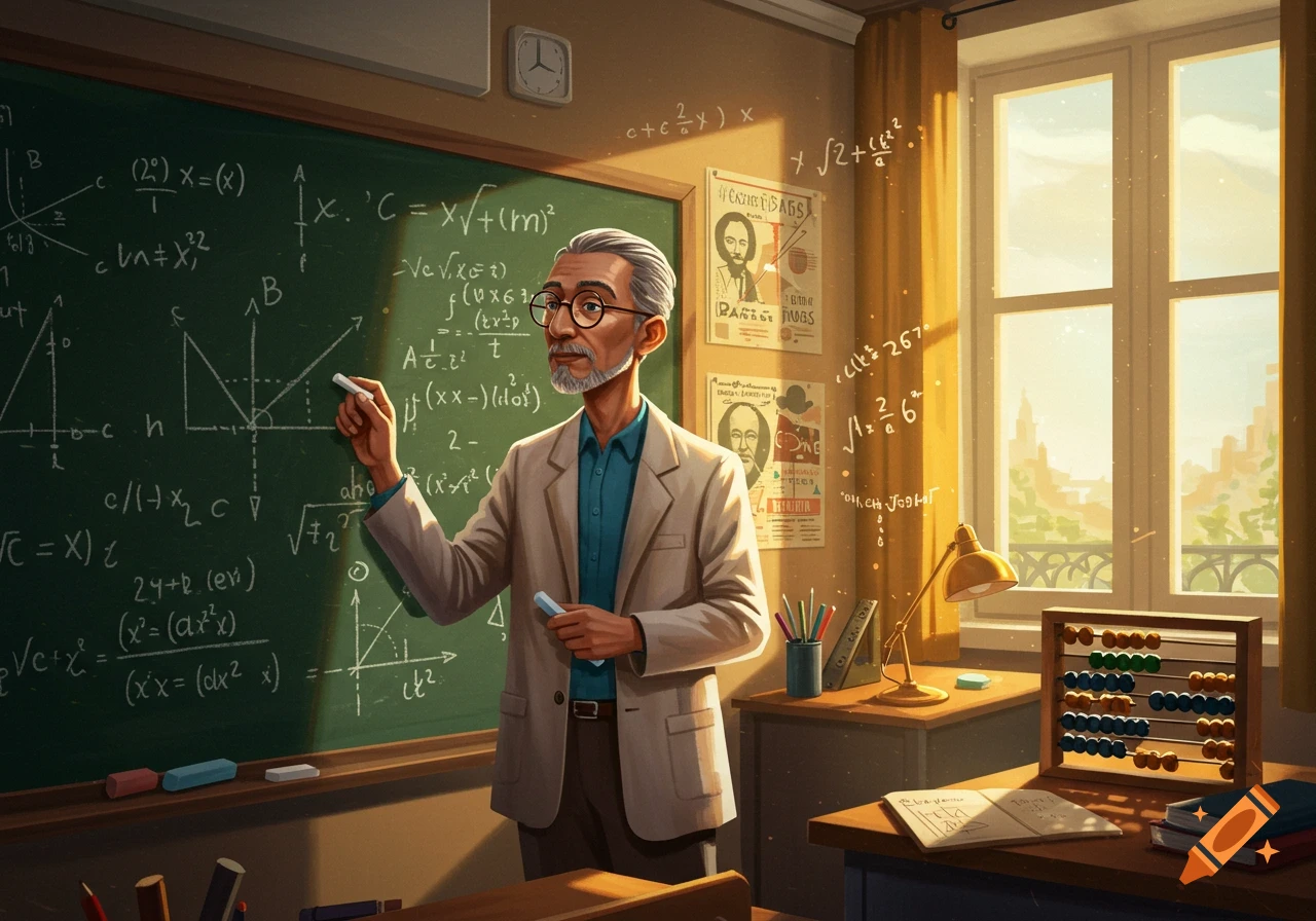 An illustrated elderly male math teacher with glasses and a beard stands in a sunlit classroom, pointing at a blackboard filled with equations.