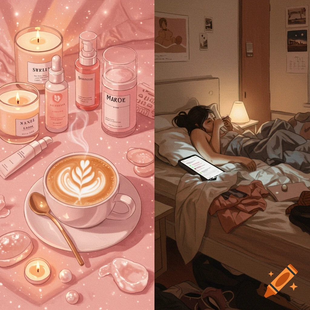 A split image showing a pink aesthetic flat lay with candles, skincare, and coffee on the left, and a tired person scrolling a phone in a messy bed on the right, in an illustrated style.
