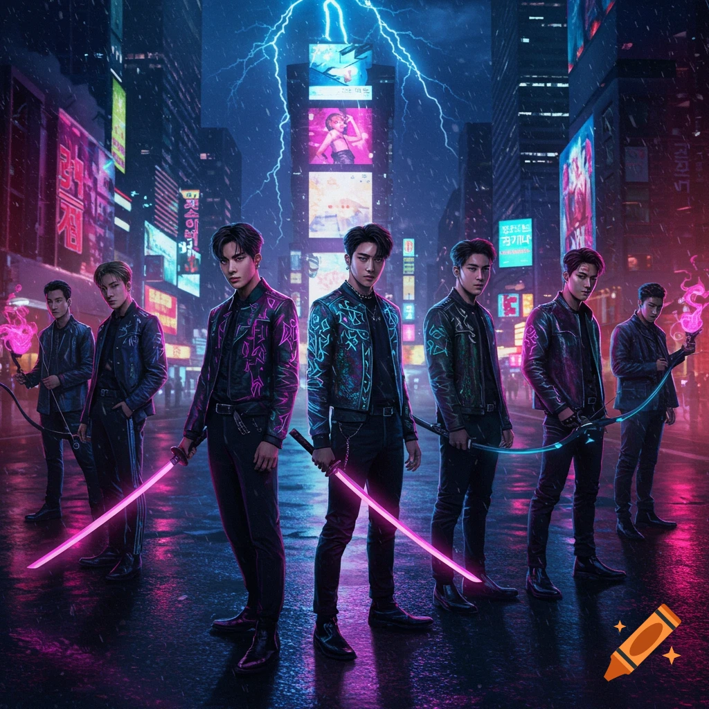 Seven K-pop-style demon hunters in glowing jackets stand with neon-pink swords and a bow in a rainy cyberpunk city at night.